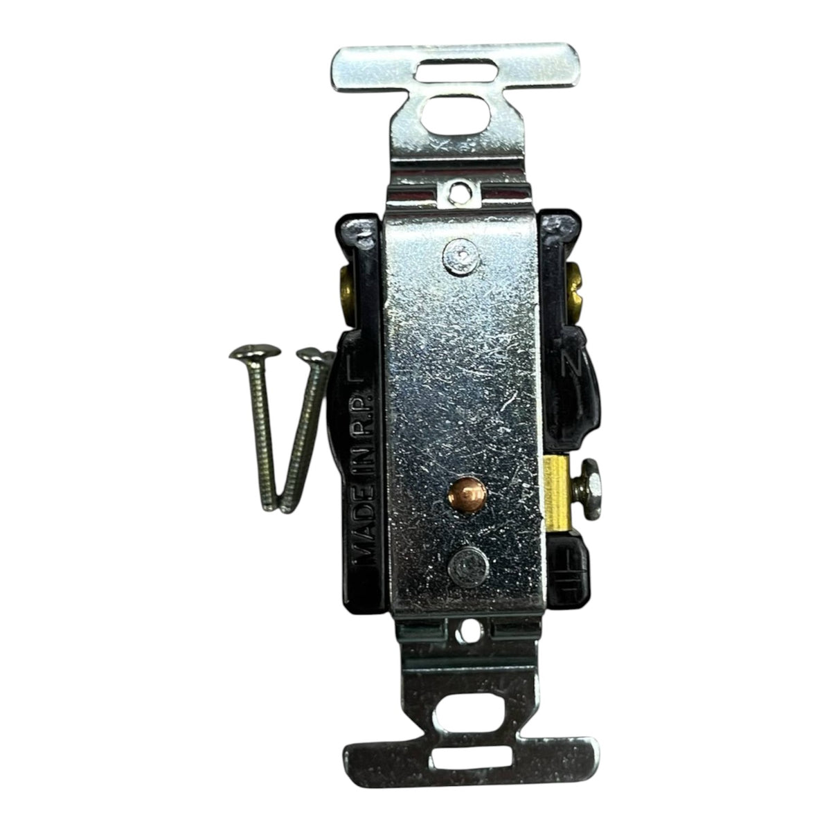 A silver metal double switch outlet with two mounting screws, shown against a plain white background.