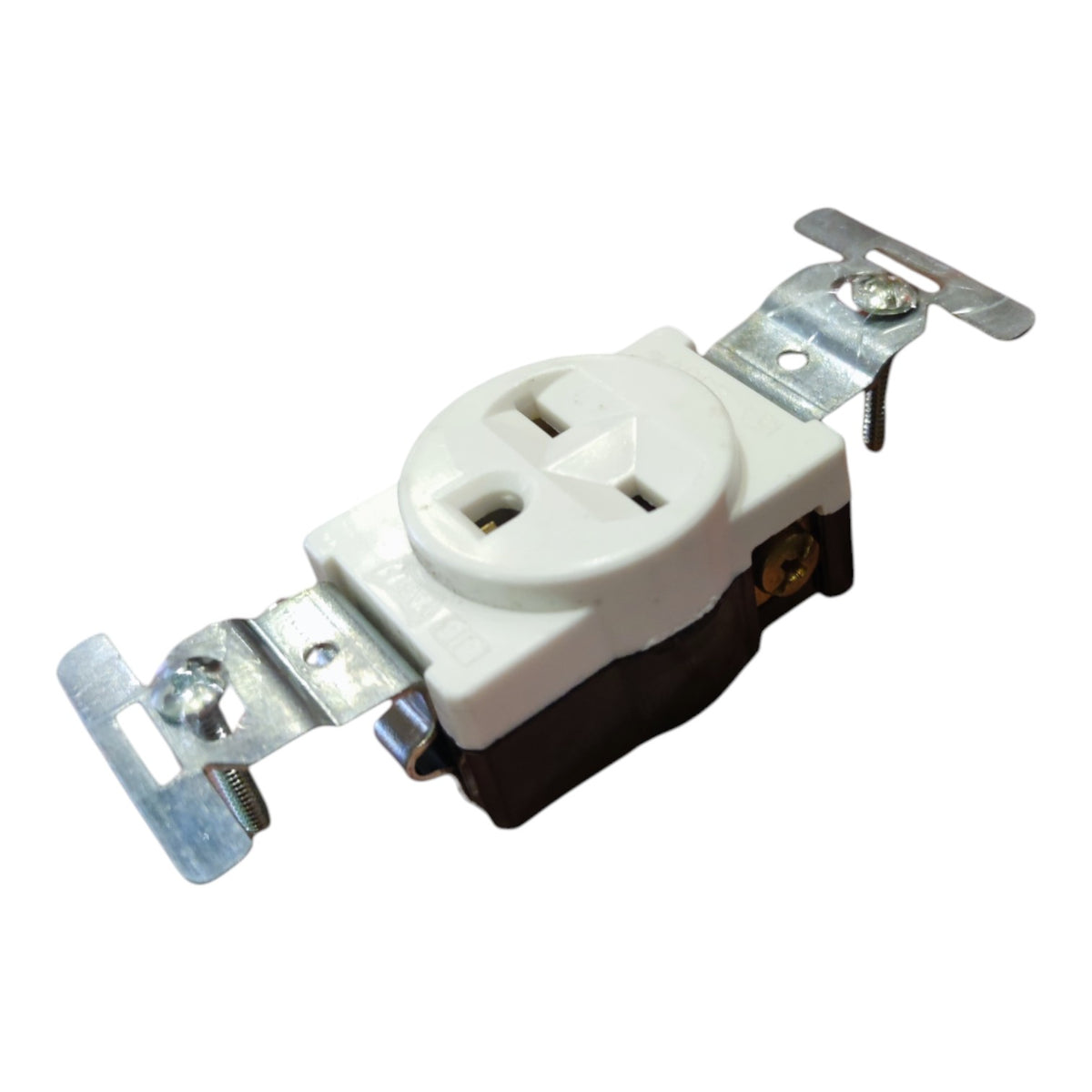 A heavy-duty industrial electrical outlet socket with a white plastic faceplate, dark brown base, and silver metal mounting brackets on both sides, shown on a plain white background.