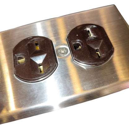 A brushed stainless steel double outlet cover plate with two dark brown electrical outlets, shown on a plain white background.