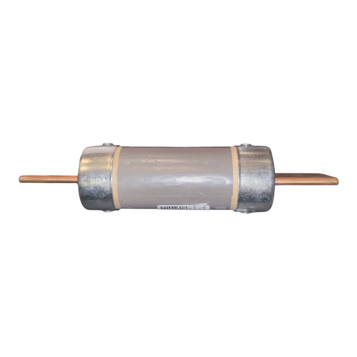 A cylindrical metal component, likely a thermal relay or electronic relay, featuring a gray body with copper-colored pins extending from both ends, set against a plain white background.
