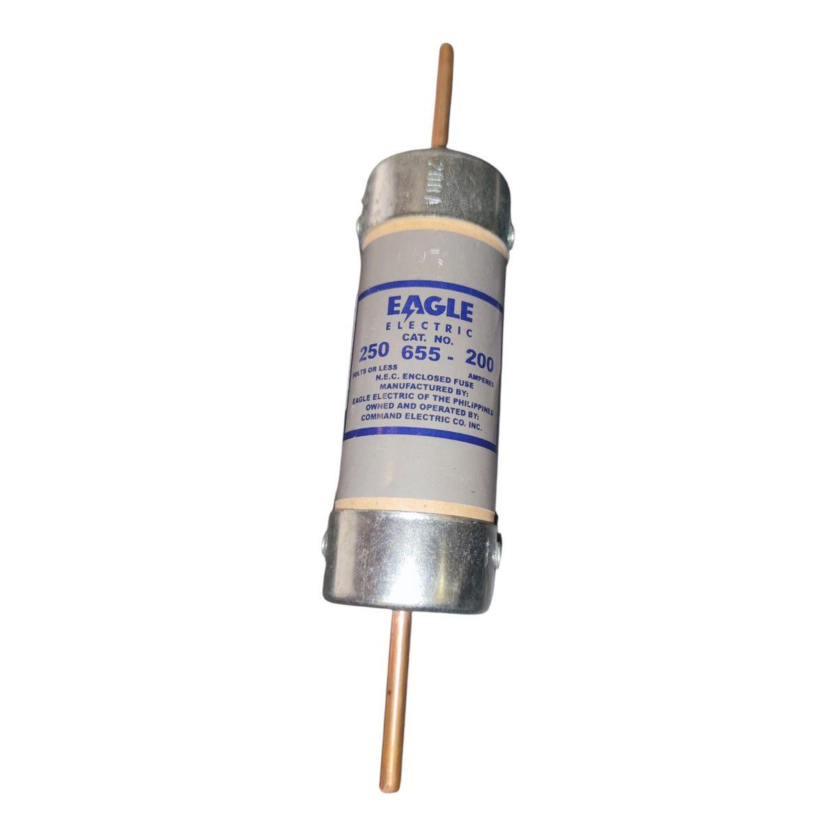 An Eagle Electric 250 655-200 circuit fuse with a gray ceramic body, silver metal ends, and copper-colored leads, shown on a plain white background.