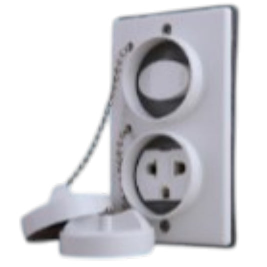 White electrical outlet cover with a pull chain and two removable caps, shown against a plain white background.