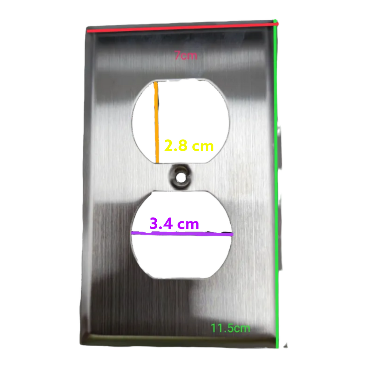 A brushed metal double outlet cover plate with overlaid dimension lines and measurements in centimeters (7 cm, 2.8 cm, 3.