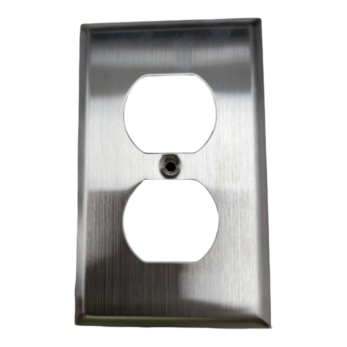A brushed nickel double outlet cover plate with a satin finish, shown against a plain white background.