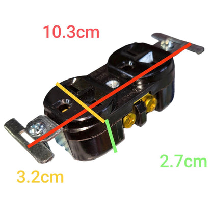 Black electrical outlet component on a white background with overlaid red, yellow, and green measurement lines and text showing dimensions 10.3cm, 3.