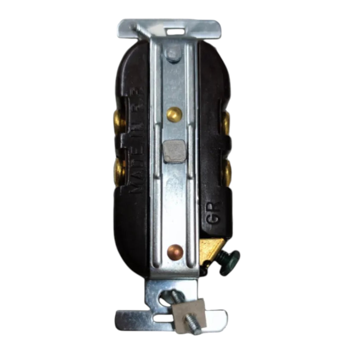 A heavy-duty industrial electrical outlet or switch component with a black and silver metal housing, brass screw terminals, and a green adjustment knob, isolated on a white background.