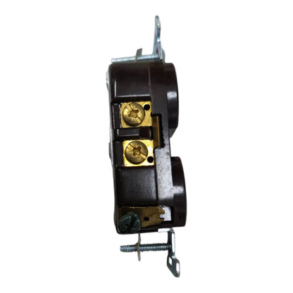 A single electrical outlet or switch component shown from the side against a plain white background, with a dark housing and visible brass screw terminals.