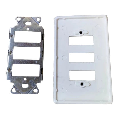 A white plastic three-gang light switch plate cover shown next to its silver metal mounting bracket on a plain white background.