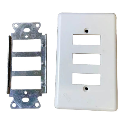 A white plastic three-port wall jack cover plate shown next to its silver metal mounting bracket on a plain white background.