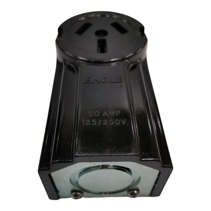 A black Eagle 50 Amp 125/250V 3-prong electrical outlet adapter with a clear glass grounding pin, shown on a white background.