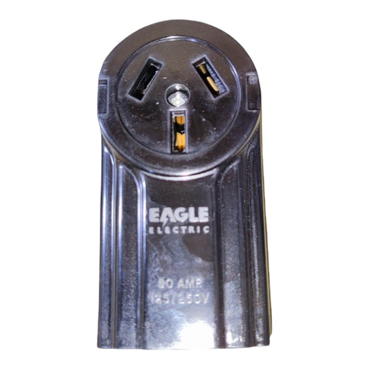 An Eagle Electric 80 Amp 120/230V marine power adapter with a metallic silver body and a black circular plug head, shown on a white background.
