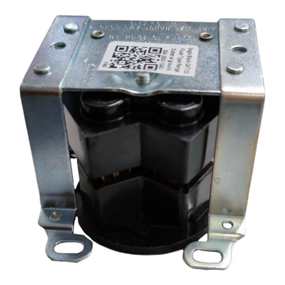 A metal electrical component with a black plastic core and silver galvanized steel mounting brackets, featuring a white sticker with a QR code on top.
