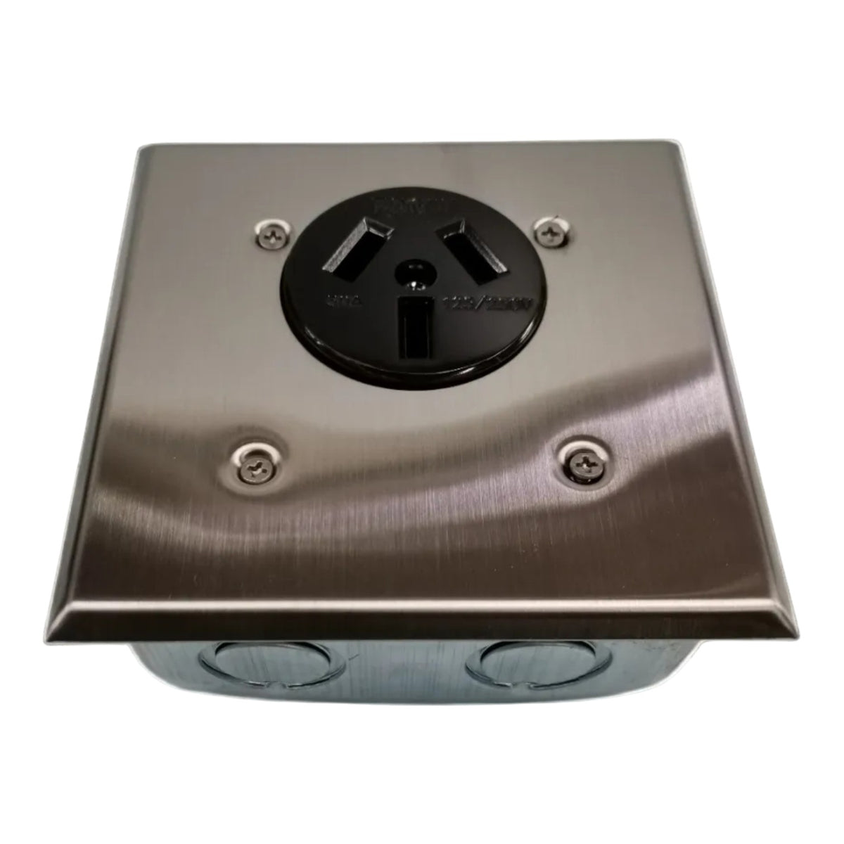 A square brushed metal electrical outlet cover plate with a black three-prong outlet insert, secured with four screws, shown on a white background.