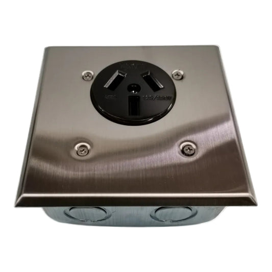 A square brushed metal electrical outlet cover plate with a black three-prong outlet insert, secured with four screws, shown on a white background.
