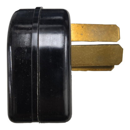 A black plastic electrical plug component with two gold metal prongs, shown against a plain white background.