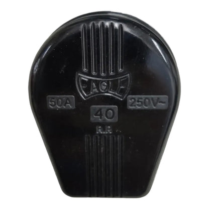 A black plastic Eagle 40A 250V~ fuse holder, shown from the front against a white background.