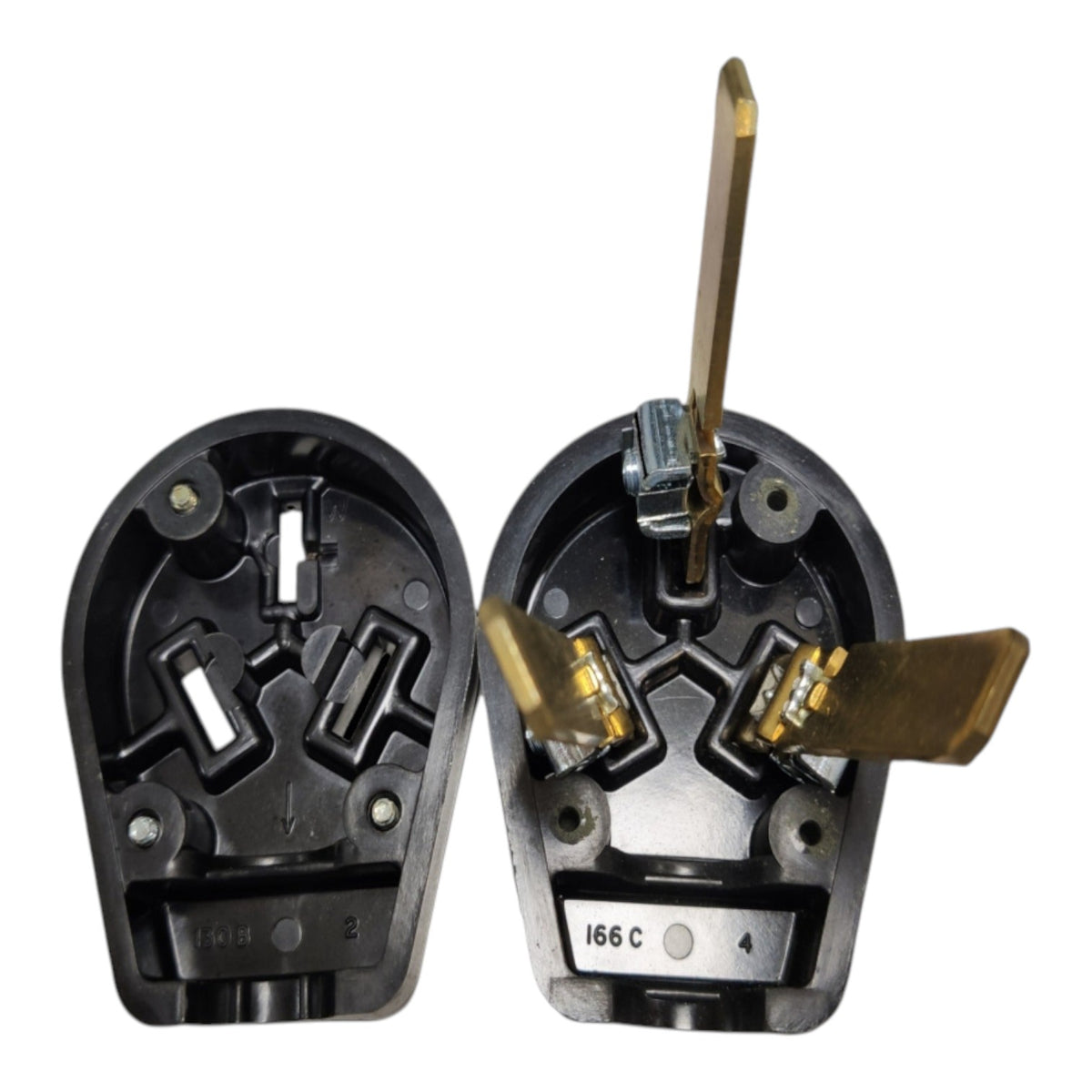Two black plastic UK three-pin plug sockets shown from the back, with brass-colored metal contact pins and a small white label reading 166C on the right socket, against a plain white background.