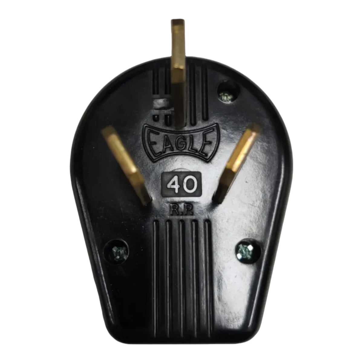 A black plastic Eagle 40A UK three-pin plug with brass-colored pins, featuring the brand name 'EAGLE' and '40 A' molded into the front.