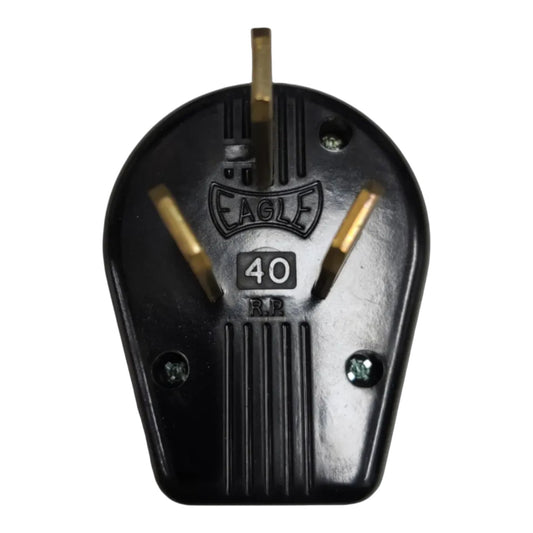 A black plastic Eagle 40A UK three-pin plug with brass-colored pins, featuring the brand name 'EAGLE' and '40 A' molded into the front.