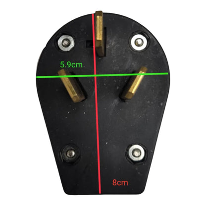 Black electrical plug with brass-colored pins on a white background, overlaid with red and green measurement lines and text indicating 5.9cm width and 8cm height.