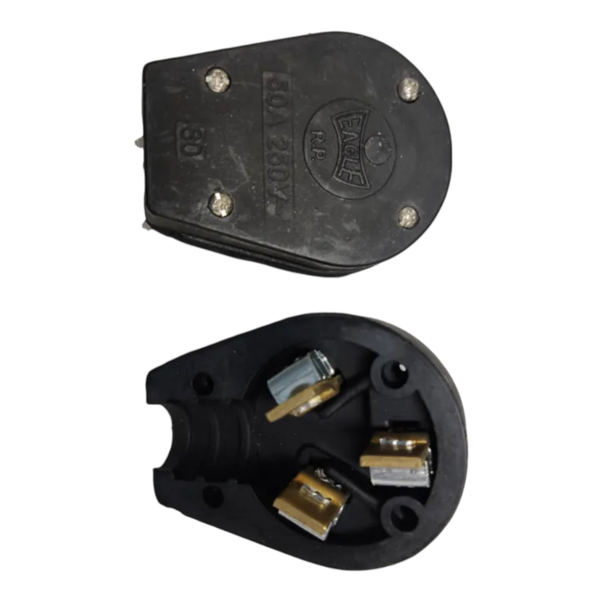 A black molded electrical plug component shown from two angles on a plain white background. The top view shows a rounded triangular shape with four screw terminals and embossed markings including 'E02 280V' and a circular logo.
