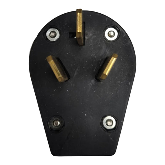 A black three-pin electrical plug with brass-colored pins, shown against a plain white background.