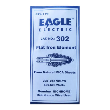 A flat rectangular product package card for an Eagle Electric Flat Iron Element, showing blue text and a small technical drawing on a white background.