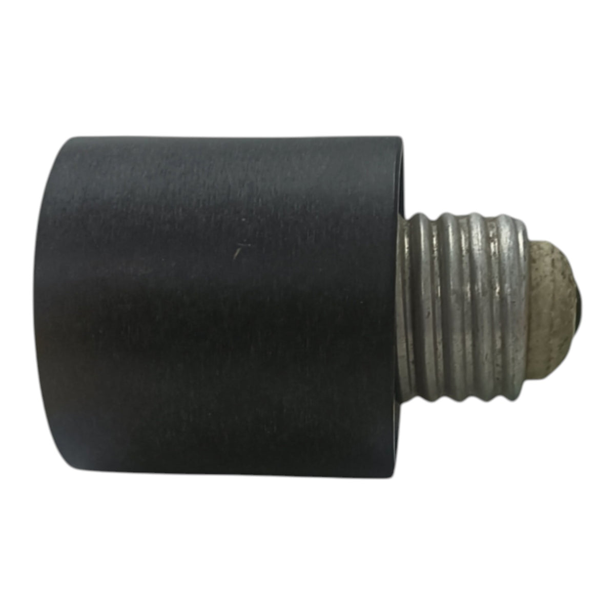 A black cylindrical socket adapter with a threaded metal base, isolated on a white background.