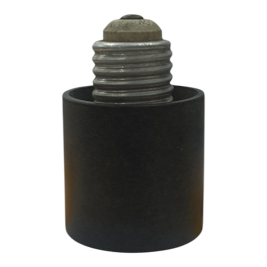 A black cylindrical lamp holder or socket adapter with a threaded silver metal screw base, shown against a plain white background.