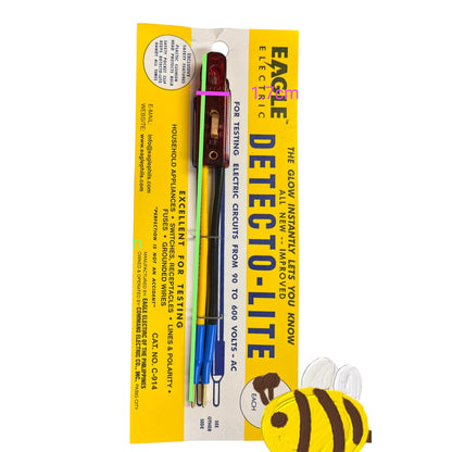 Eagle Electric Detective Lite multimeter in its original yellow retail packaging, featuring three test leads (red, green, blue) and a bumblebee-shaped battery compartment cover.