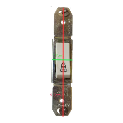 A metal doorbell switch with a white rectangular button featuring a black bell icon, overlaid with red and green dimension lines and text indicating measurements of 17cm and 93mm on a plain white background.