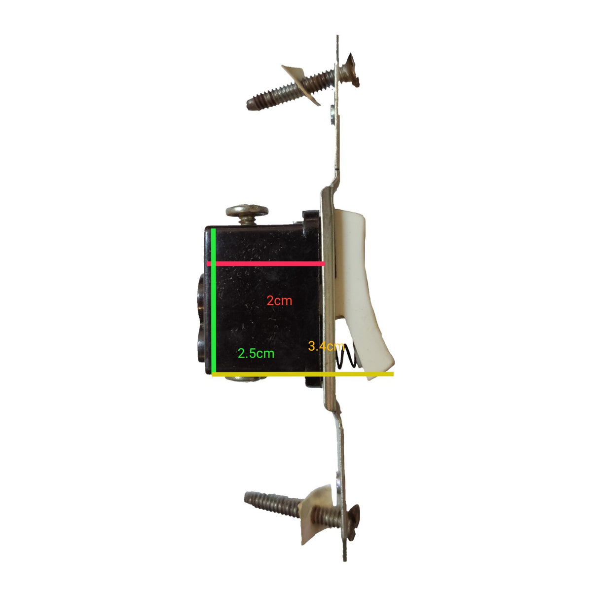 A wall switch assembly shown from the side with dimension lines and measurements (2cm, 2.5cm, 3.