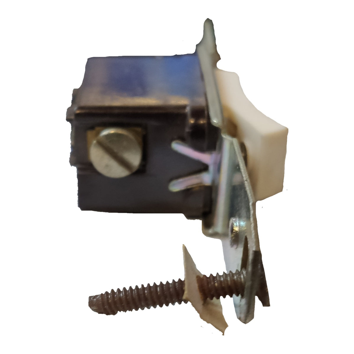 A small electrical switch component with a dark metal housing, silver screw terminal, white plastic lever, and mounting bracket with a screw, isolated on a white background.