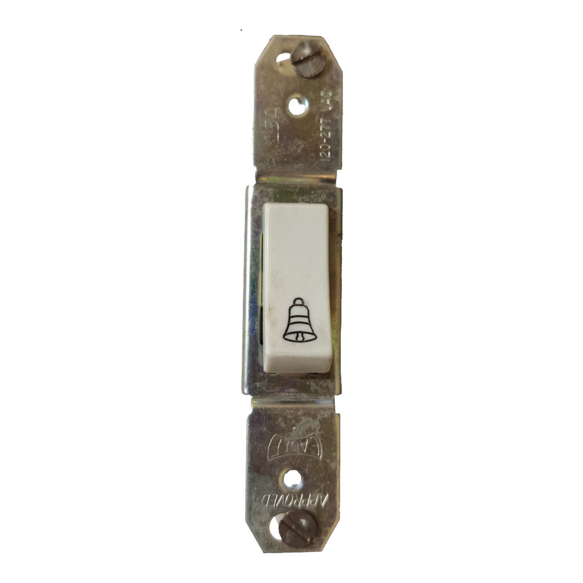 A single metal doorbell switch with a white rectangular button featuring a black bell icon, set against a plain white background.