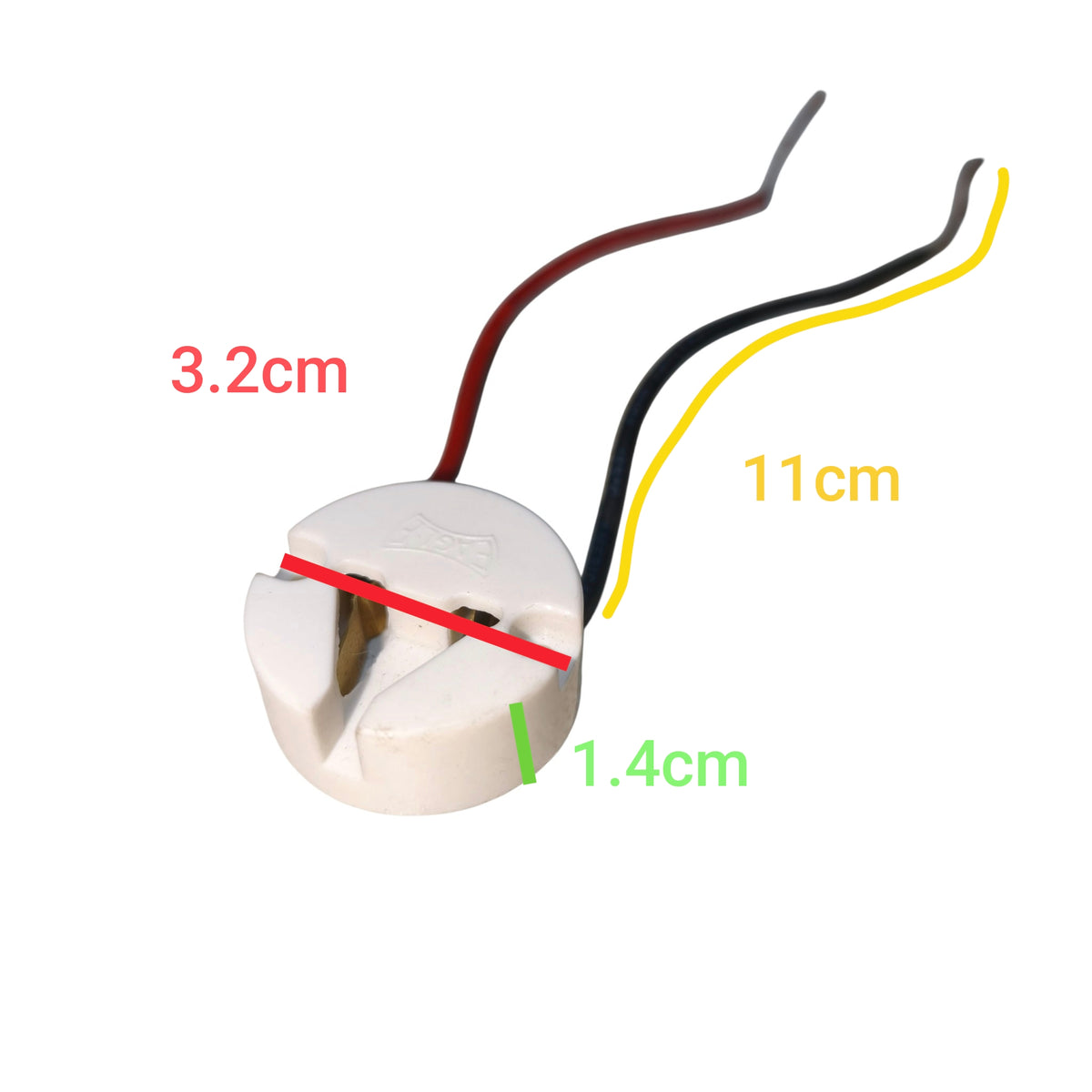 A small white plastic electrical connector with two wires, shown on a plain white background with measurement labels in red, yellow, and green indicating dimensions.