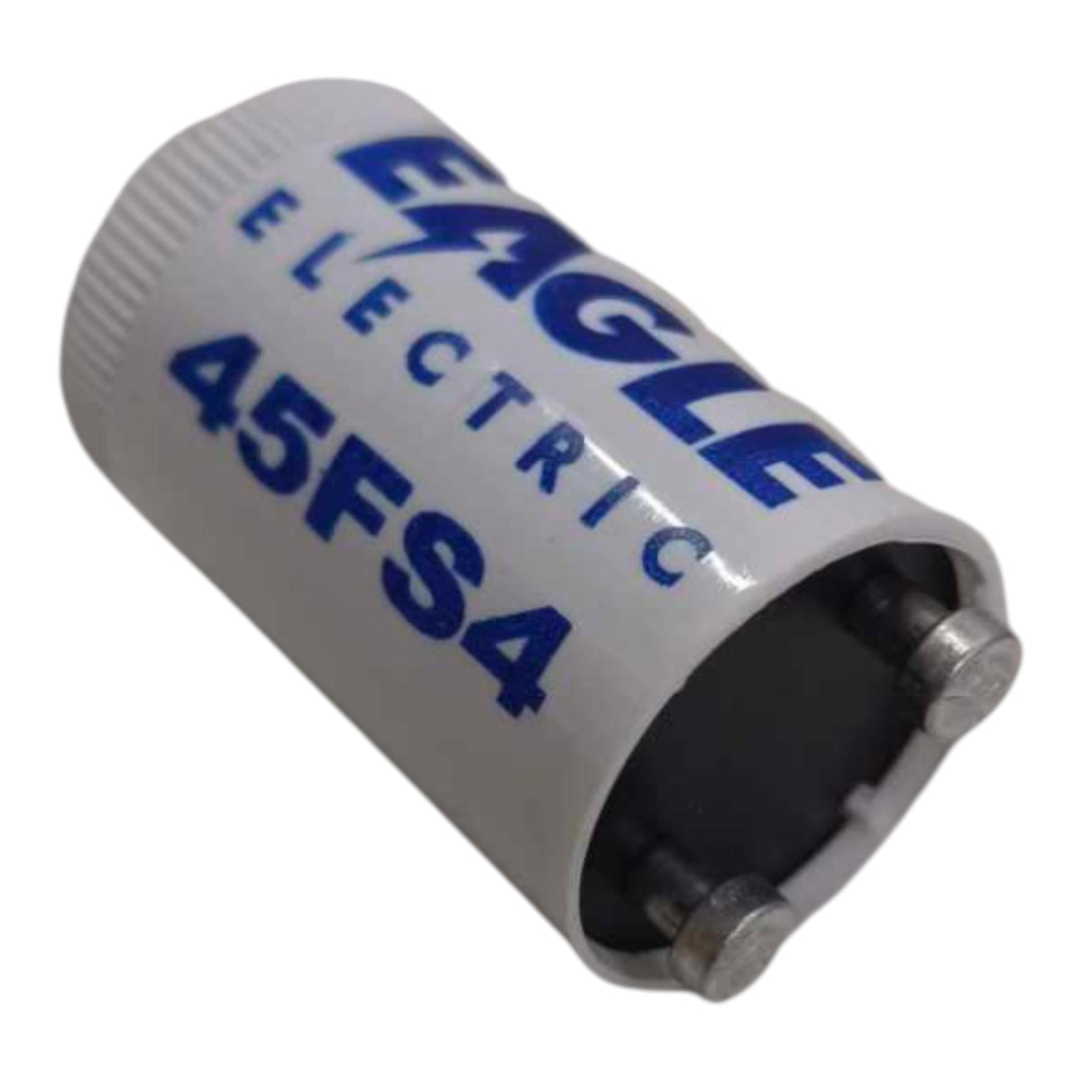 An Eagle Electric 45FS4 radial electrolytic capacitor with a white plastic body and blue printed branding, shown on a plain white background.