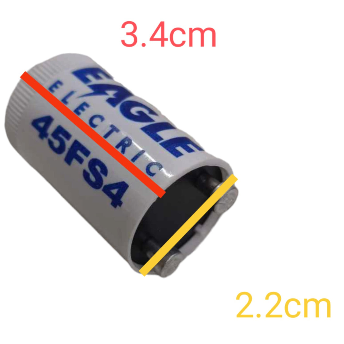 A cylindrical electric motor shaft or bearing component with printed blue text reading 'EAGLE ELECTRIC 45FS4' on a white body, shown on a light gray background with red and yellow dimension lines and text indicating 3.4cm and 2.