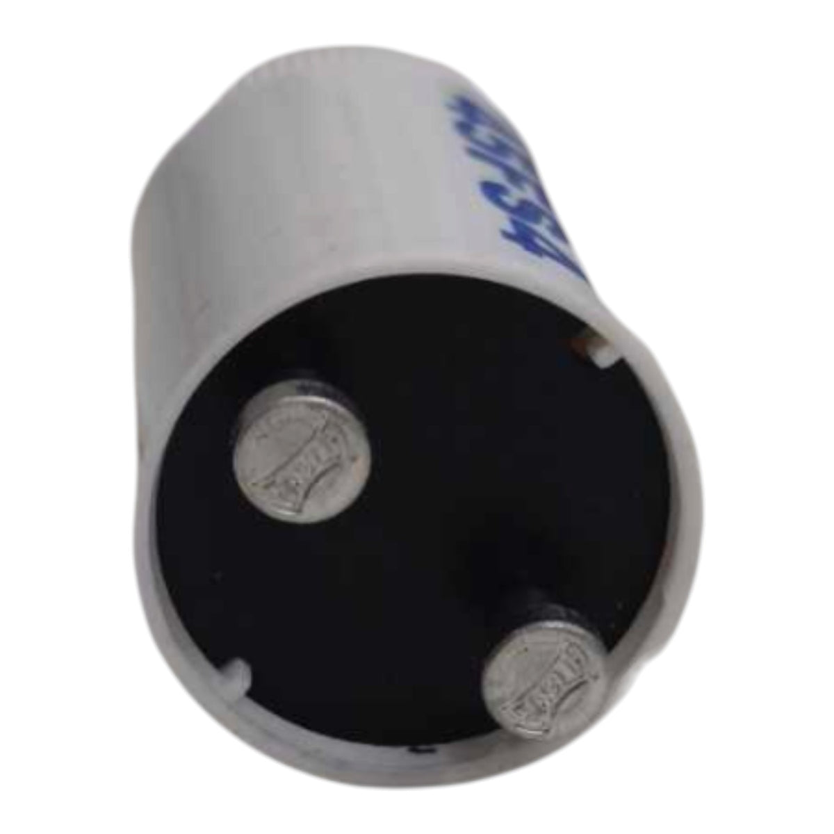 A cylindrical silver metal capacitor with a black internal plate and two visible silver terminal posts, photographed on a plain white background.