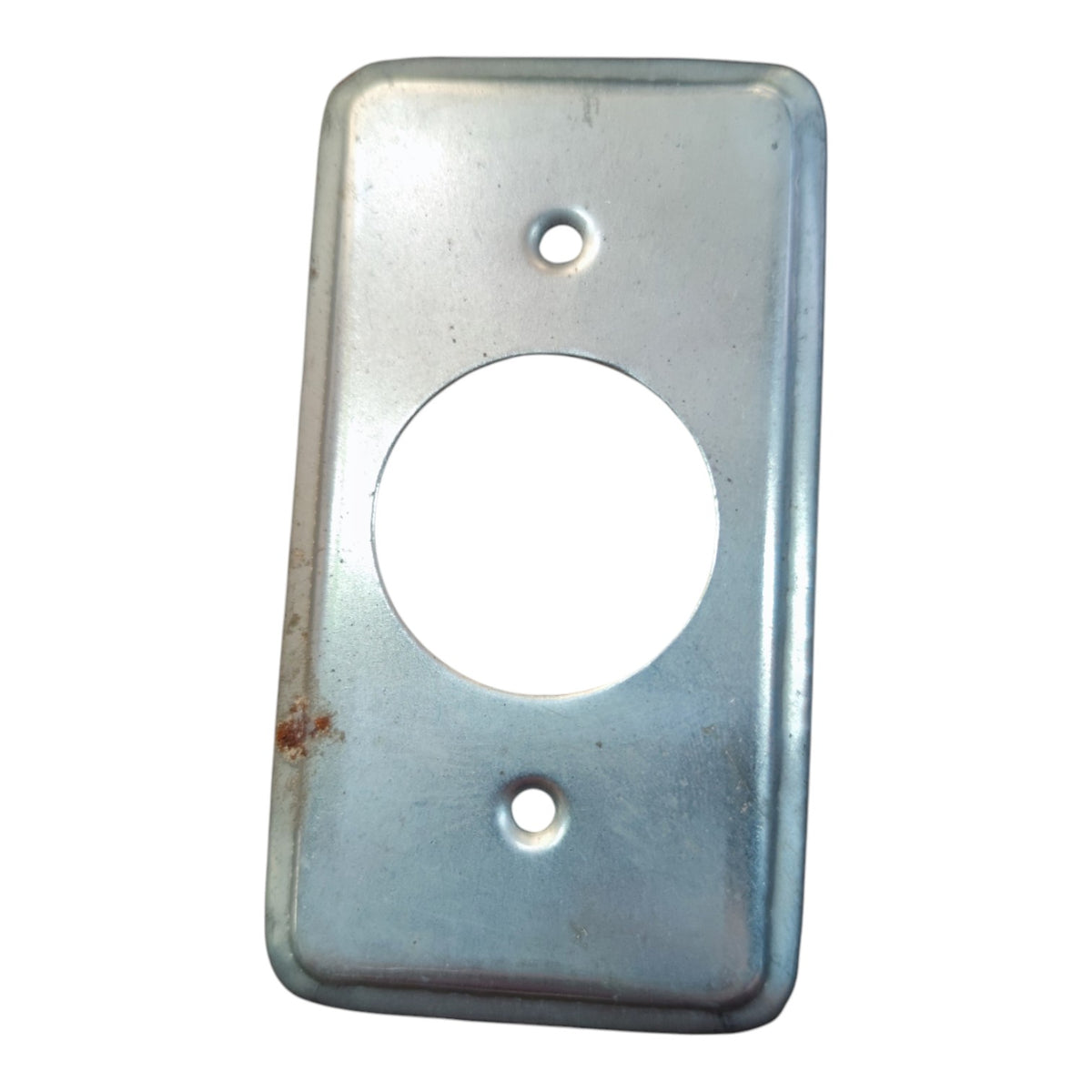 A square metal wall plate or cover with rounded corners, featuring a large circular cutout in the center and two small screw holes, shown on a plain white background.