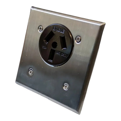 A square brushed metal electrical outlet cover plate with a black three-prong outlet in the center, shown on a plain white background.