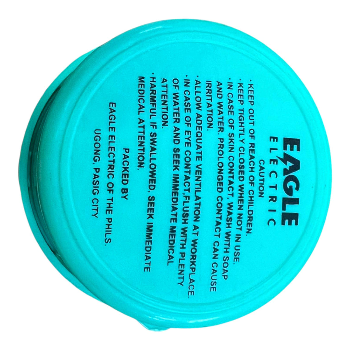 A stack of bright turquoise plastic lids with printed safety instructions and the brand name 'EAGLE ELECTRIC' on a white background.
