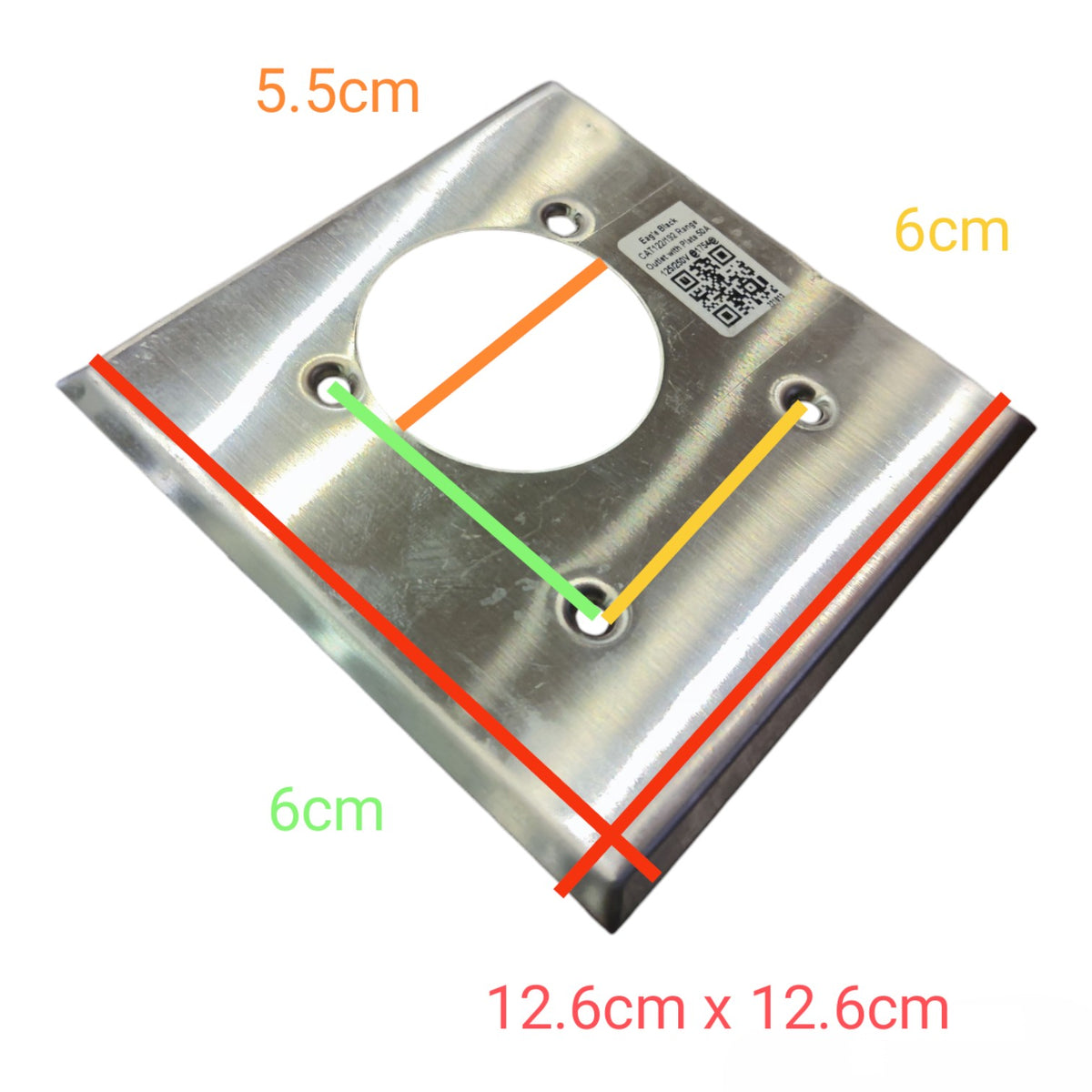 A square brushed-metal mounting plate with a circular cutout and pre-drilled screw holes, overlaid with colored dimension lines and text showing measurements of 5.5cm, 6cm, 12.