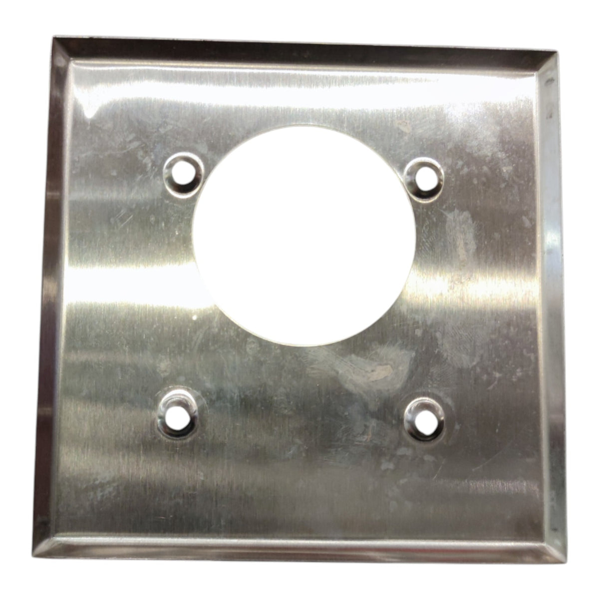 A square brushed metal plate with a circular cutout in the center and four pre-drilled mounting holes, shown on a plain white background.
