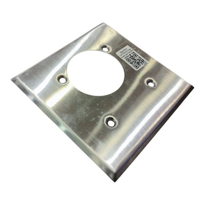 A square brushed metal mounting plate with a large circular cutout in the center, four pre-drilled screw holes, and a small QR code label on one side, shown on a plain white background.