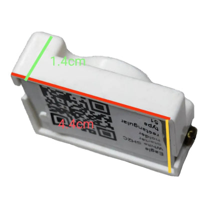 A white plastic replacement part with a QR code label, shown on a plain white background with green, red, and yellow measurement lines and text indicating dimensions 1.4cm and 4.