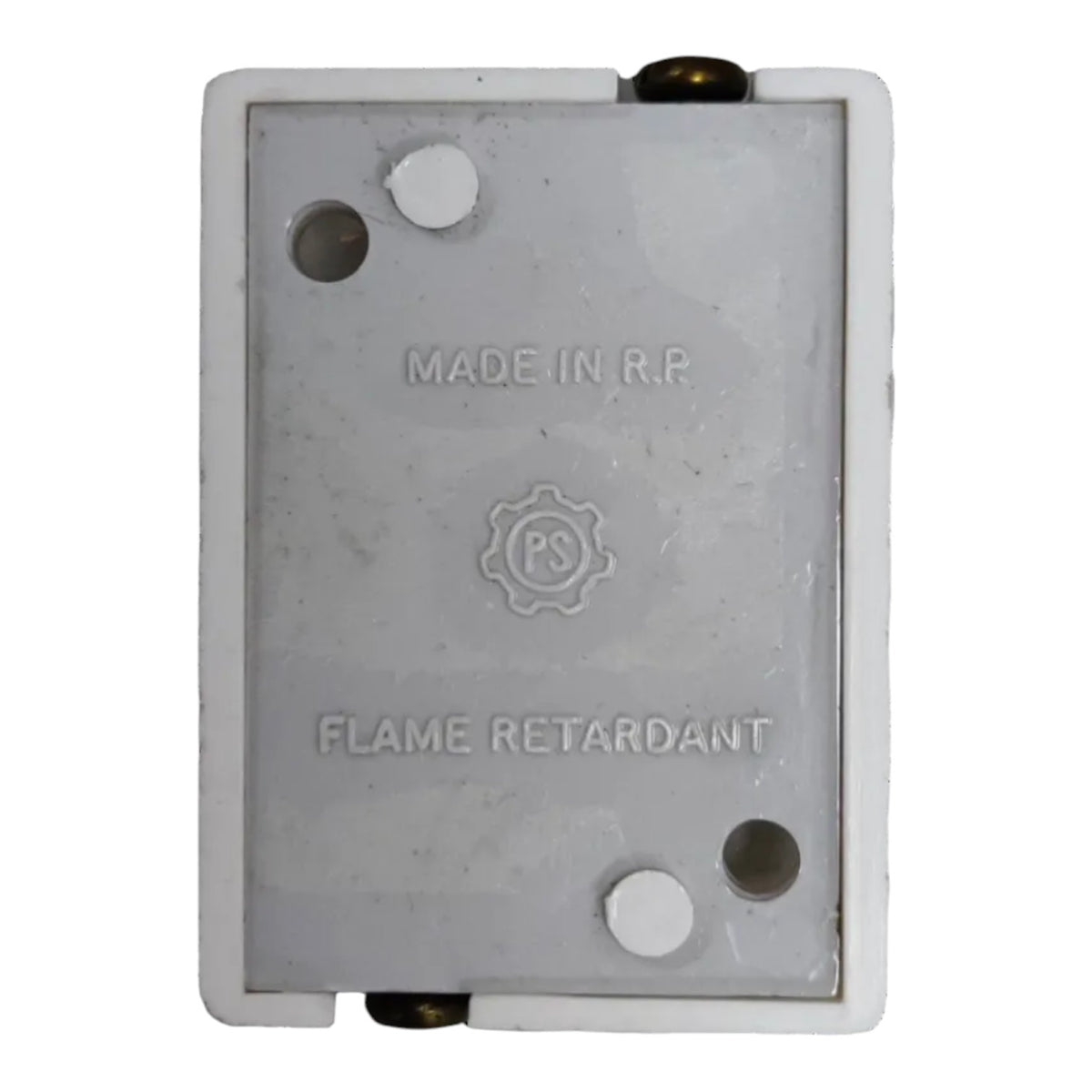 White plastic electrical junction box with a translucent gray lid, featuring 'MADE IN RP' and 'FLAME RETARDANT' text along with a circular 'PS' logo embossed on the lid.