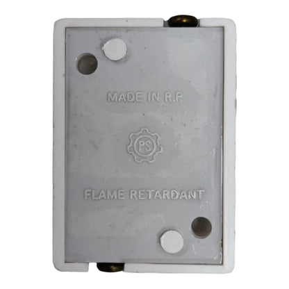 White plastic electrical junction box with a translucent gray lid, featuring 'MADE IN RP' and 'FLAME RETARDANT' text along with a circular 'PS' logo embossed on the lid.