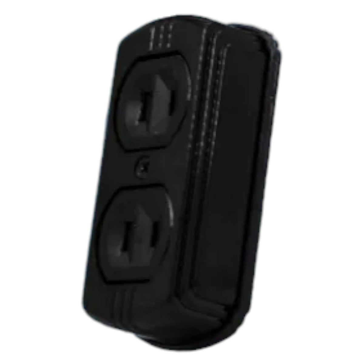 A black outdoor-rated double outlet surge protector cover, shown at an angle on a plain white background.