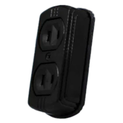 A black outdoor-rated double outlet surge protector cover, shown at an angle on a plain white background.