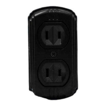 A black plastic dual outlet power strip or outlet cover with two standard US-style sockets, shown against a plain white background.